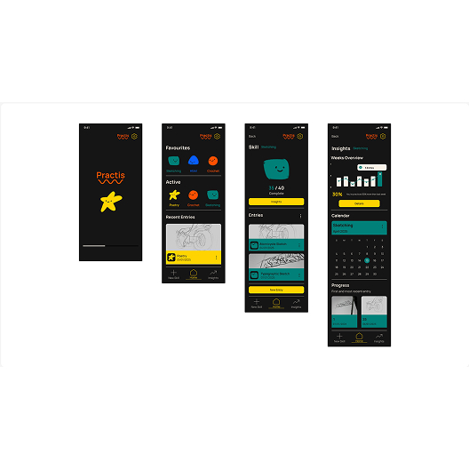 Displays all screens of the finished app.