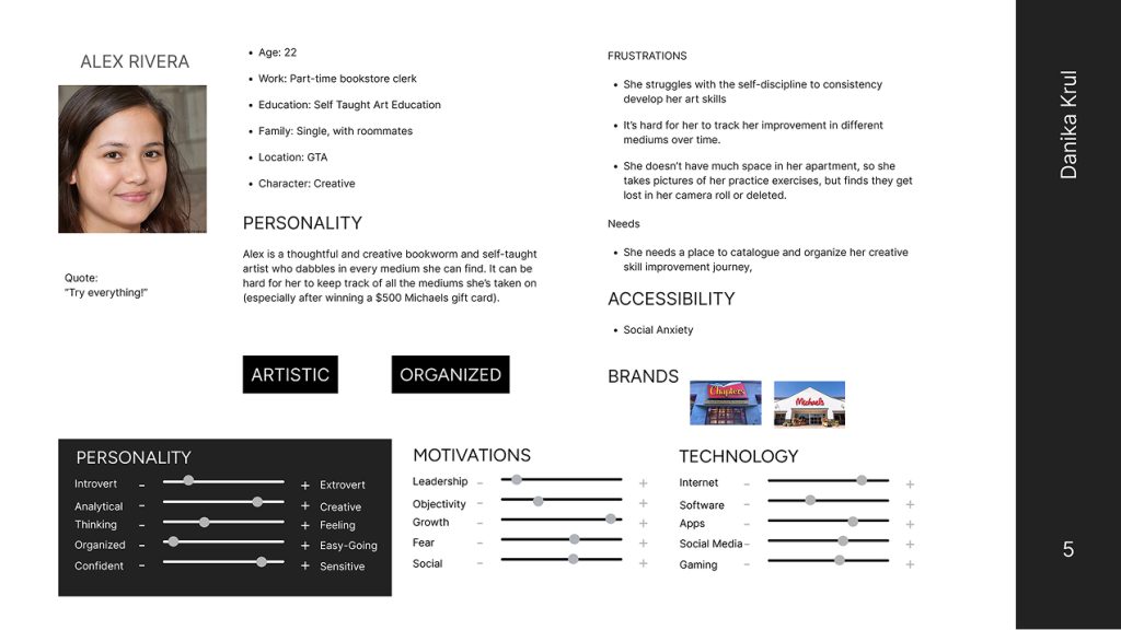 User persona for Practis. The user is a young woman with many creative hobbies.