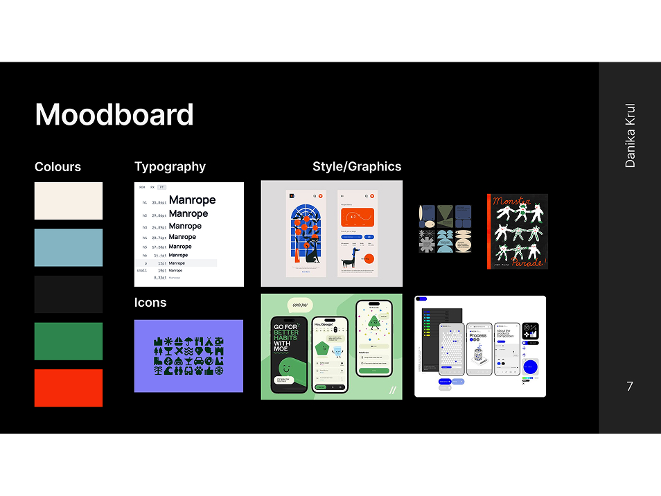 The Practis app moodboard with colour, type, and reference images.